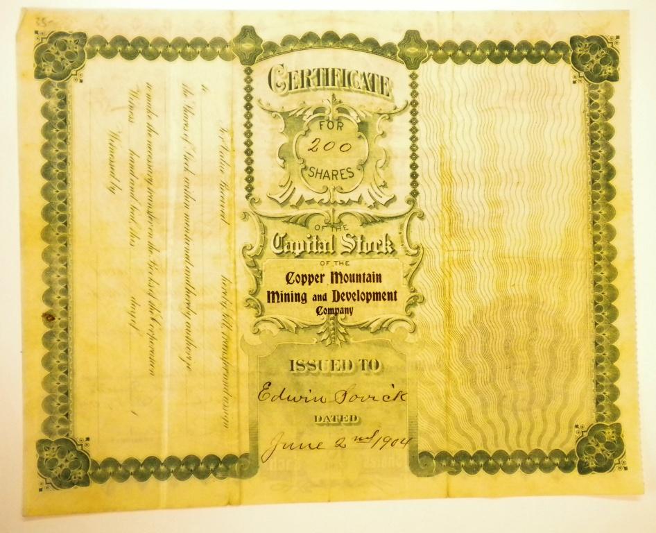 Copper Mountain Mining Stock Certificate