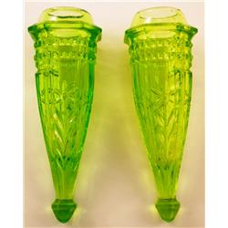 Pair of Automobile Bud Vases, Green Depression Glass