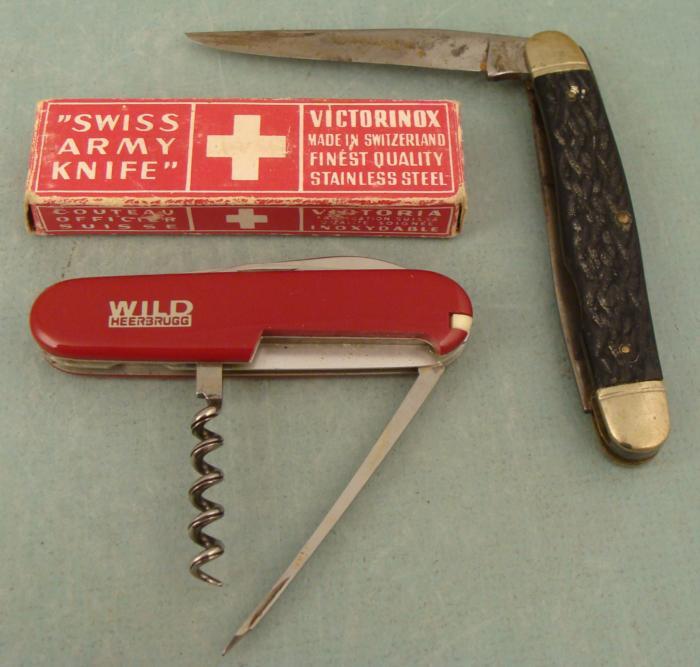 2 Vintage Folding Knives Swiss Army in Box, Camillus