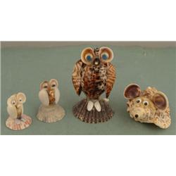 4 Seashell Animals Handmade Shell Owl, Mouse Collection
