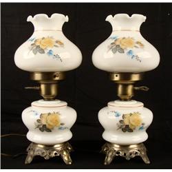 Pair Vintage White Glass Floral Hurricane Lamps
