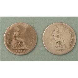 2 Great Britain 4 Pence Silver Coins, 1843 1845