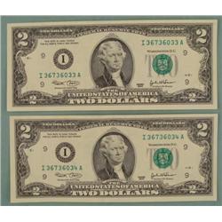 (2) CU Consec # 2003 $2 Bills Notes I Mint Minneapolis