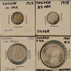 4 Old Swedish Coins Sweden Ore, Krona 1915-1966 -Nice