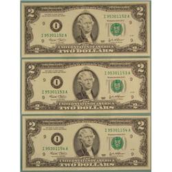 3 CU 2003 Consecutive Number $2 Two Dollar Notes I Mint