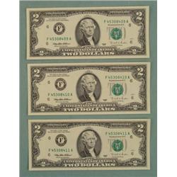 (3) Consec # 1995 $2 Bill Notes  F  Mint (Atlanta) CU