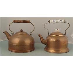 2 Vintage Copper Teapots Kettles Wood Handle