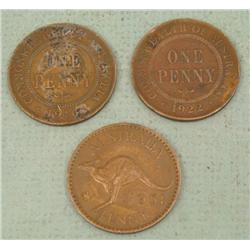Australia 3 One Penny Coins 1916, 1922, 1951