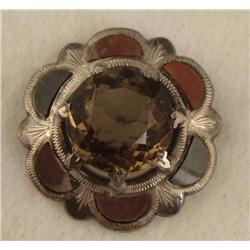Smokey Topaz Sterling Silver Round Vintage Brooch Pin
