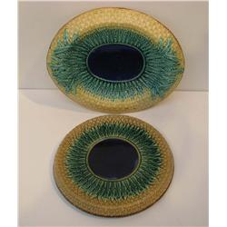 2 Majolica Serving Platters with Blue Centers