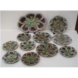 Etruscan Shell and Seaweed Majolica Platter, 4 large plates and 6 small plates