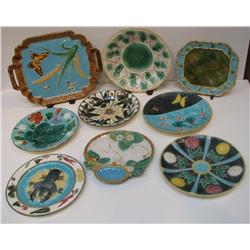 9 Majolica Plates/Platters, some Wedgwood
