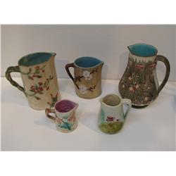 5 Majolica Pitchers of Various Sizes w/Cherry Blossom decoration