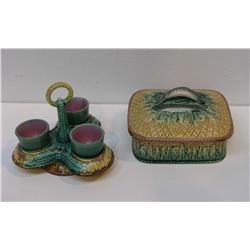 Majolica Covered Sardine Dish and Egg Caddy