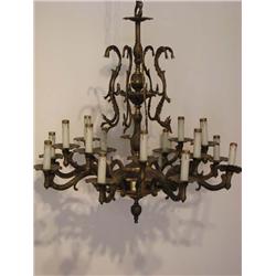 Spanish 16 Arm Bronze Chandelier with Feather and Scroll Decoration