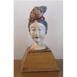 Carved Wood Buddha Head on Stand