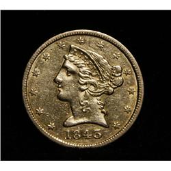 1843-p $5 Coronet Liberty Head Gold Type 1, no Motto grades au58