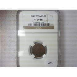 1926 CANADA ONE CENT NGC VF20 BN