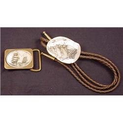 LOT OF 2 EARLY IVORY SCRIMSHAW PIECES - BOLO TIE A