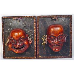 LOT OF 2 C. 1960'S JAPANESE WOODEN MASKS - Hotei G