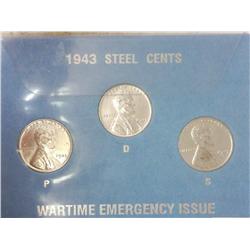 1943-P/D/S STEEL WAR TIME CENT SET (UNC)