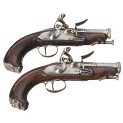 Fine Pair of French Flintlock Pocket Pistols with Silver Fittings A) French Flintlock Pocket Pistol 