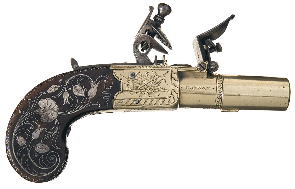 Elaborate London Marked Engraved Brass Screw Barrel Flintlock Pistol ...