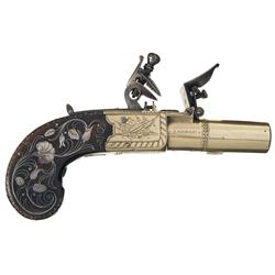 Elaborate London Marked Engraved Brass Screw Barrel Flintlock Pistol with Silver Wire Inlaid Grip