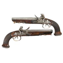 Pair of Large French Double Barrel Flintlock Pistols A) French Double Barrel Flintlock Pistol 