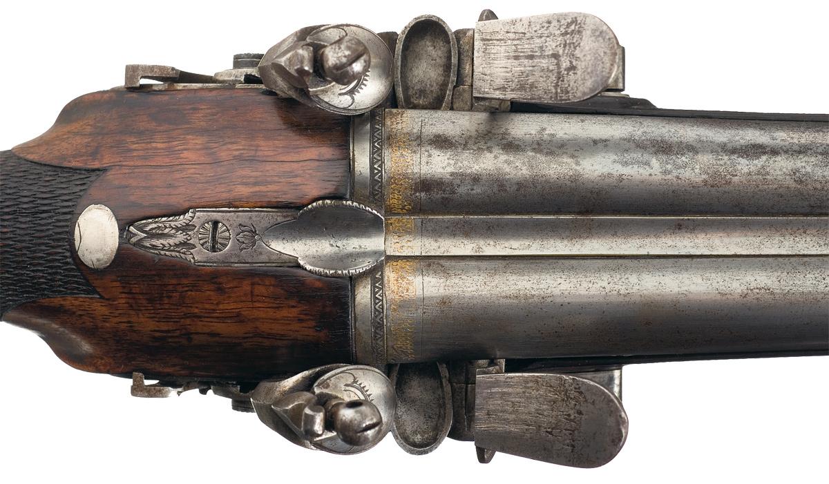 Pair of Large French Double Barrel Flintlock Pistols A) French Double ...