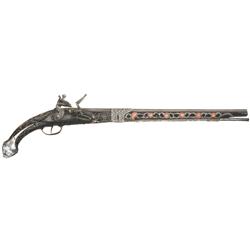 Unmarked Relief Chiseled, Silver Mounted Highly Ornate Middle Eastern Flintlock Pistol