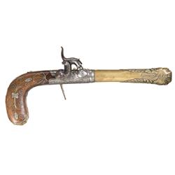 European Engraved and Silver Accented Folding Trigger Screw Barrel Percussion Pistol