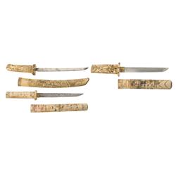 Three Japanese-Style Knives with Carved Bone Fittings