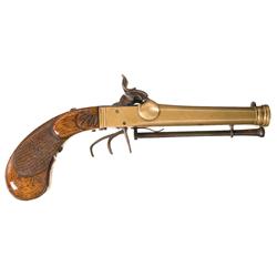 Unique Japanese Marked Brass Triple Barrel Percussion Pistol