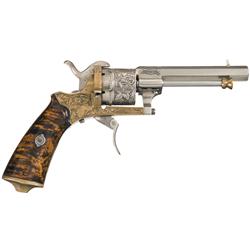 Engraved European Brass Frame Pinfire Revolver