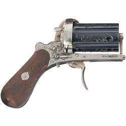 Finely Engraved Unmarked European Pinfire Pepperbox Revolver