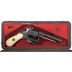 Cased Engraved Silver and Gold Inlaid European Pinfire Revolver with Ivory Grips