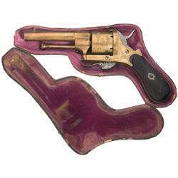 Engraved European Brass Pinfire Revolver with Fitted Leather Pipe Case