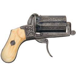 Engraved French Pinfire Pepperbox with Ivory Grips