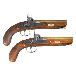 Matching Pair of Engraved W. Thompson Brass Barrel Percussion Pistols A) W. Thompson Percussion Pist