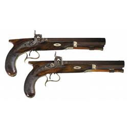 Pair of London Marked Moore Saw Handle Dueling Pistols with Presentation Markings A) Moore Gold and 