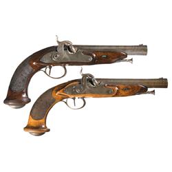 Matched Pair of Liege Proofed Percussion Travelers Pistols A) Unmarked Single Shot Percussion Travel