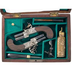 Cased Pair of Collins London Superposed Barrel Flintlock Tap Action Pistols with Accessories A) Coll