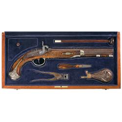 Custom Cased Engraved Gold Inlaid London Made Eastern Trade Percussion Pistol with Silver Mounted Wi