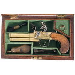 Cased Brasher London Marked Brass Three Barrel Tap Action Flintlock Pistol