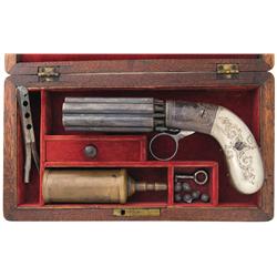 Cased Blunt & Syms Medium Frame Under-Hammer Pepperbox Pistol with Unique Engraved German Silver Gri