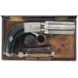 Cased Engraved Mariette Brevete Pepperbox Pistol with Accessories