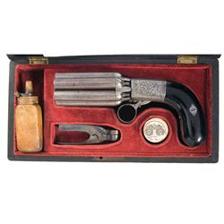 Cased Engraved Mariette Brevete Marked Pepperbox Pistol with Accessories