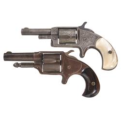 Two Antique Spur Trigger Revolvers A) Engraved Hood Arms "Mohegan" Pocket Revolver with Pearl Grips 