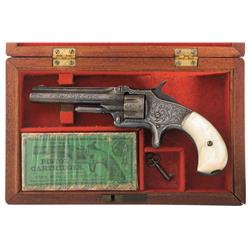 Cased Engraved Smith & Wesson Model Number 1 3rd Issue Single Action Revolver with Pearl Grips and B